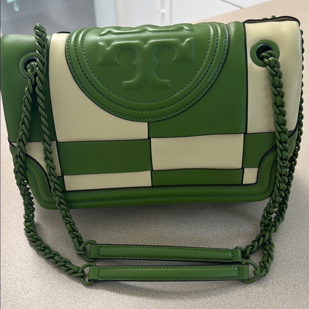 Tory Burch Green and Cream Geometric Shoulder Bag